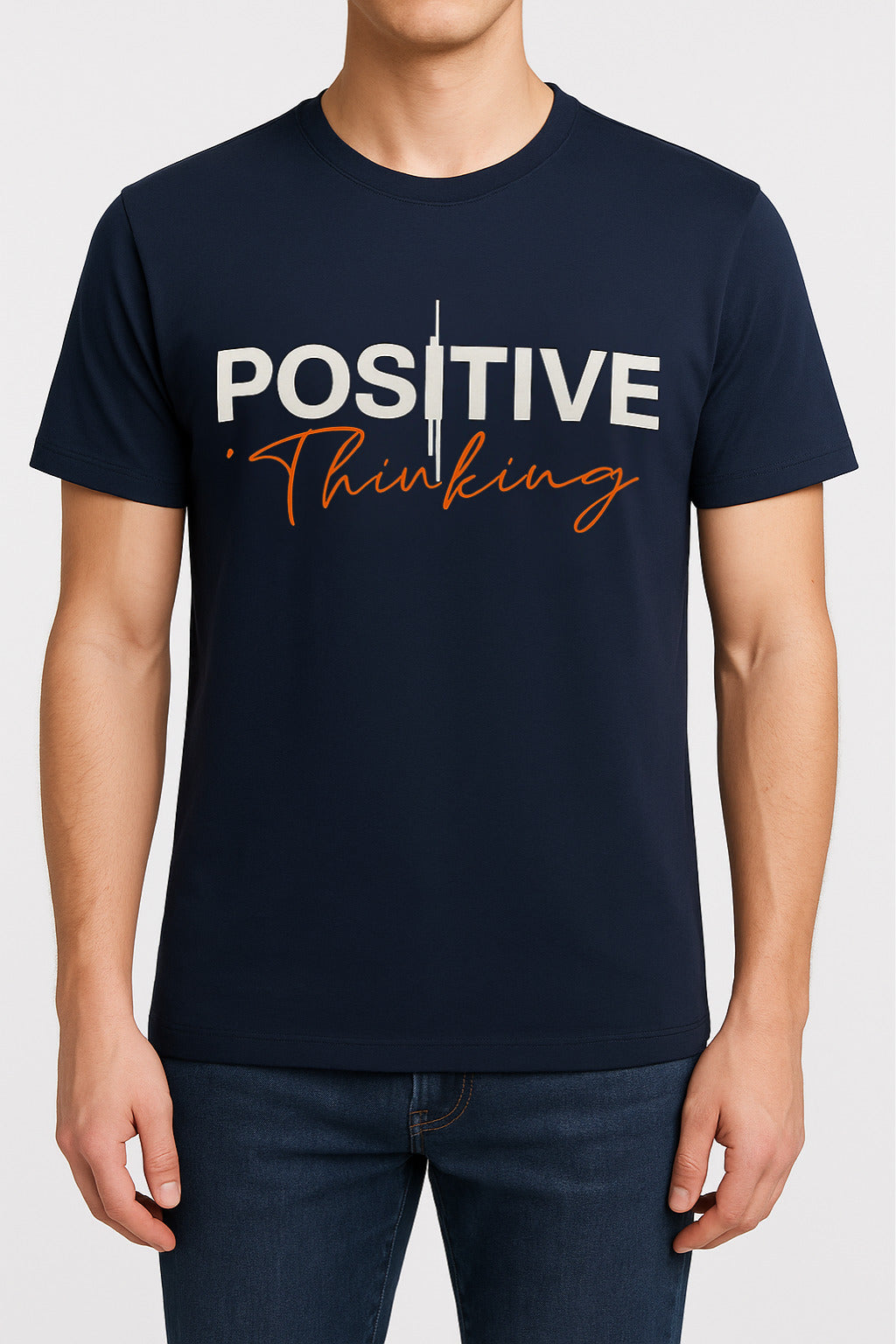 Eliteez Positive Thinking Graphic T-Shirt in Navy Blue, front view on model