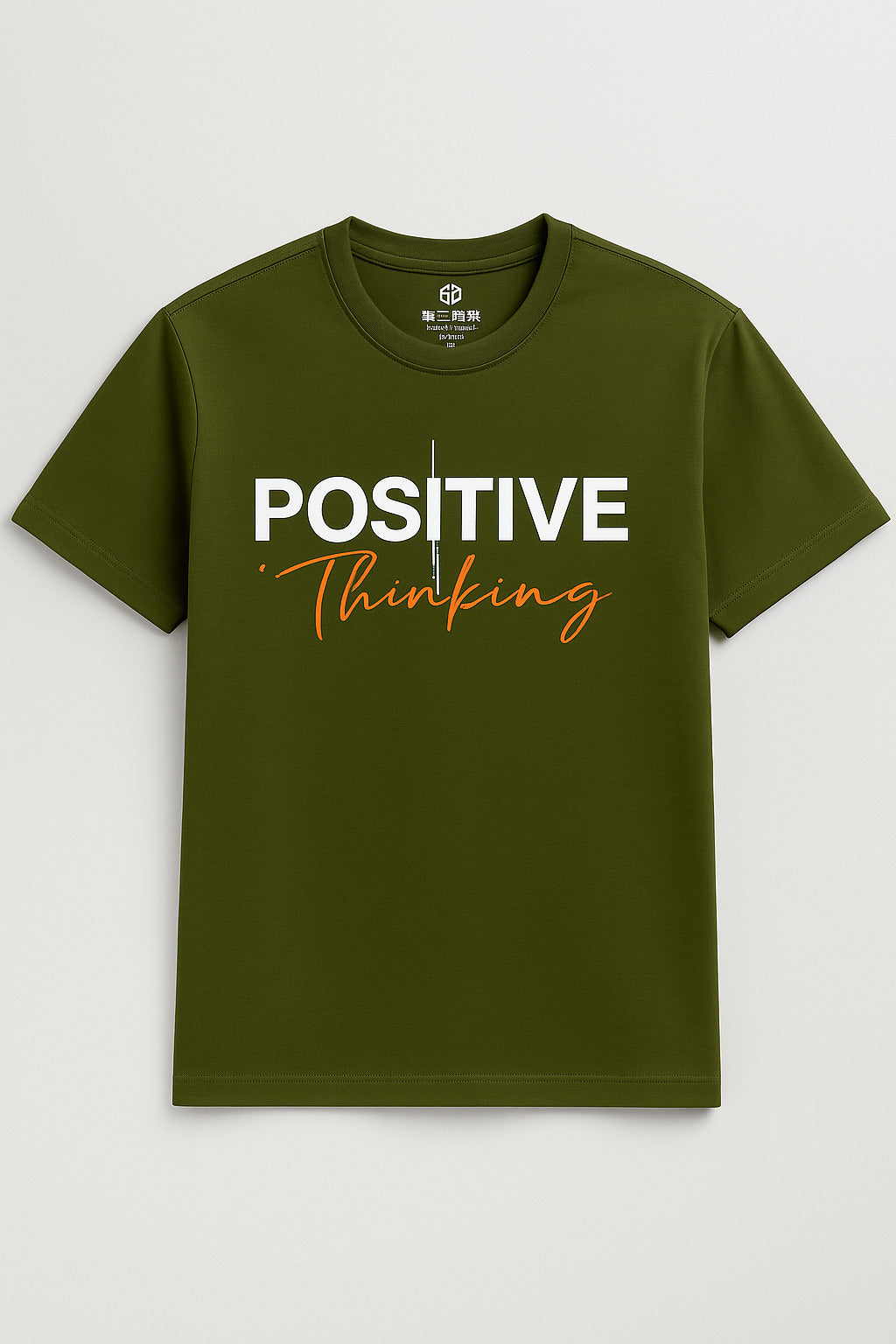 Close-up of graphic print on Eliteez Positive Thinking T-Shirt Olive Green