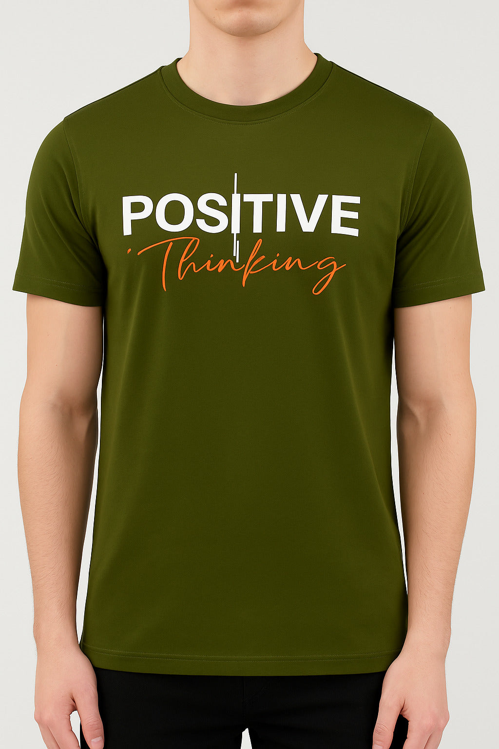 Eliteez Positive Thinking Graphic T-Shirt in Olive Green, front view on model