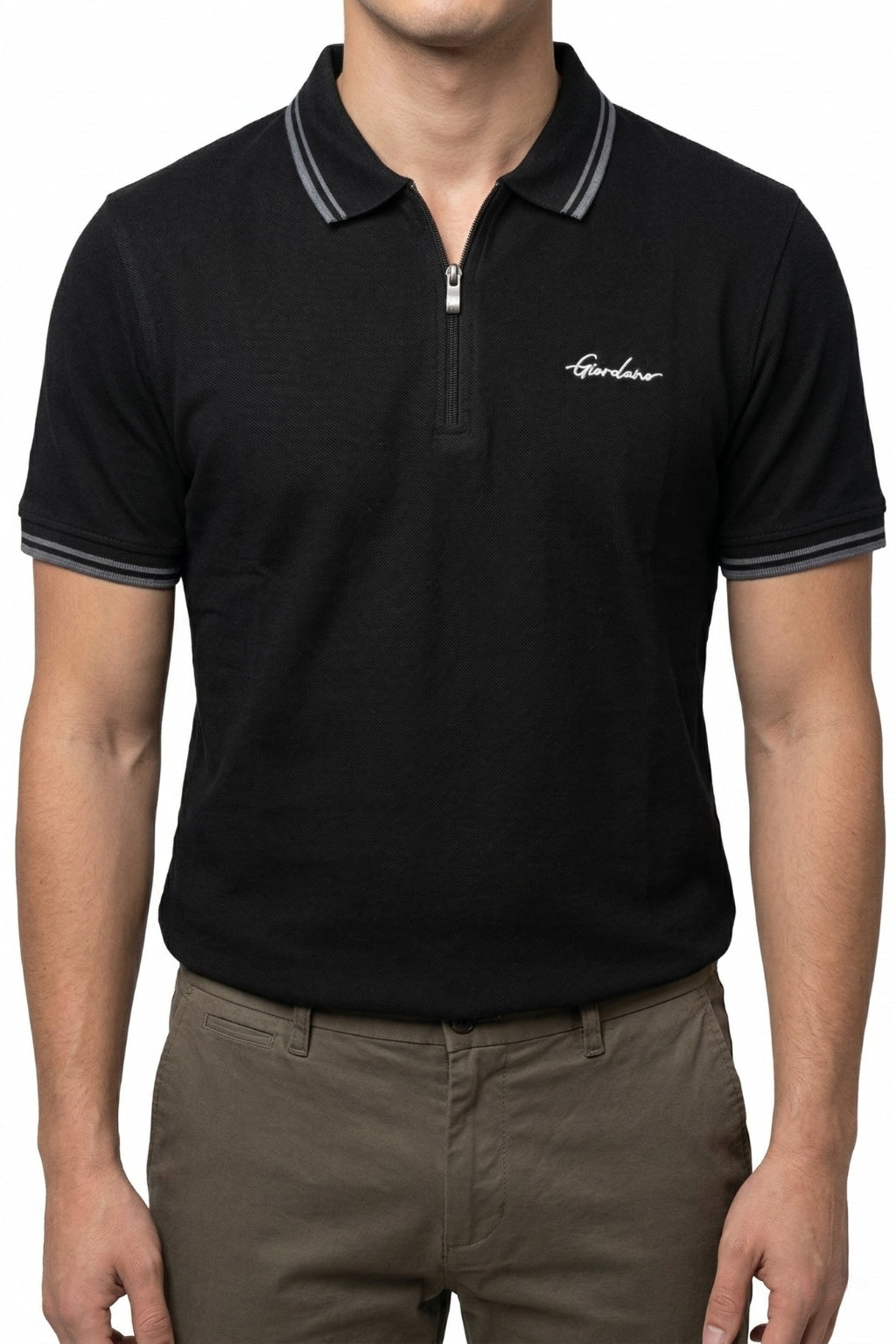 Eliteez Premium Zip Polo Shirt in Black, front view on model