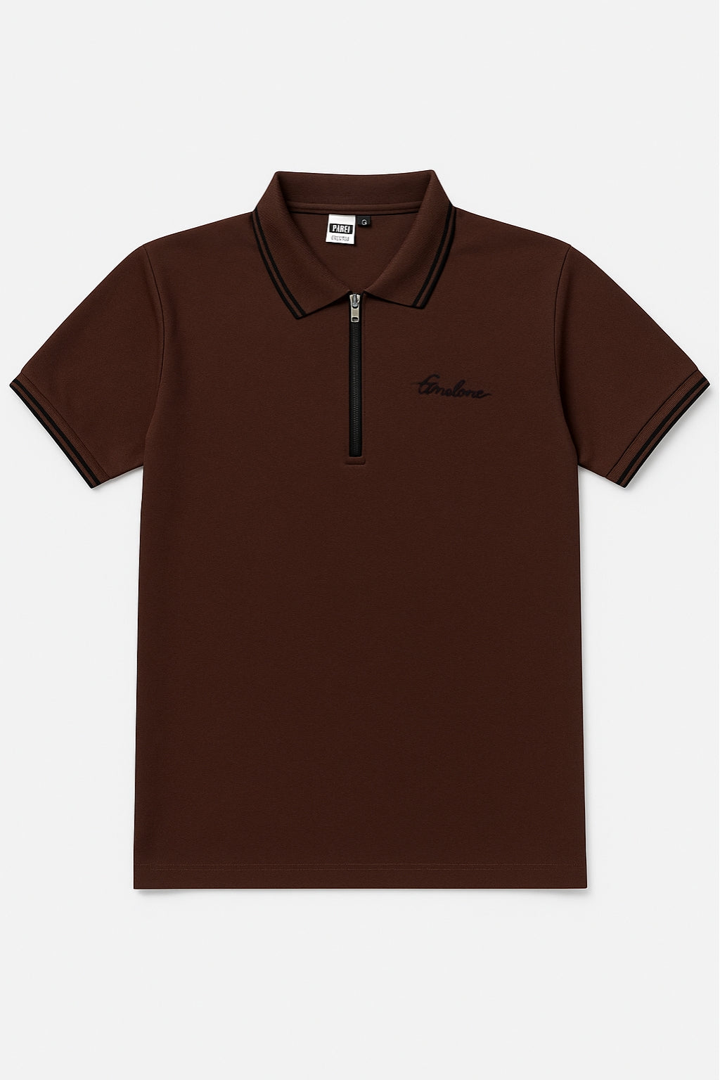 Close-up of zip collar on Eliteez Premium Zip Polo Coffee Brown