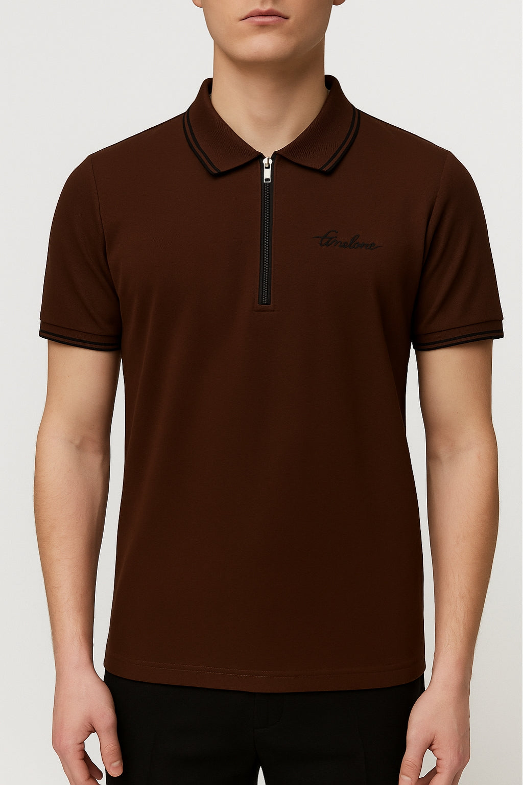 Eliteez Premium Zip Polo Shirt in Coffee Brown, front view on model