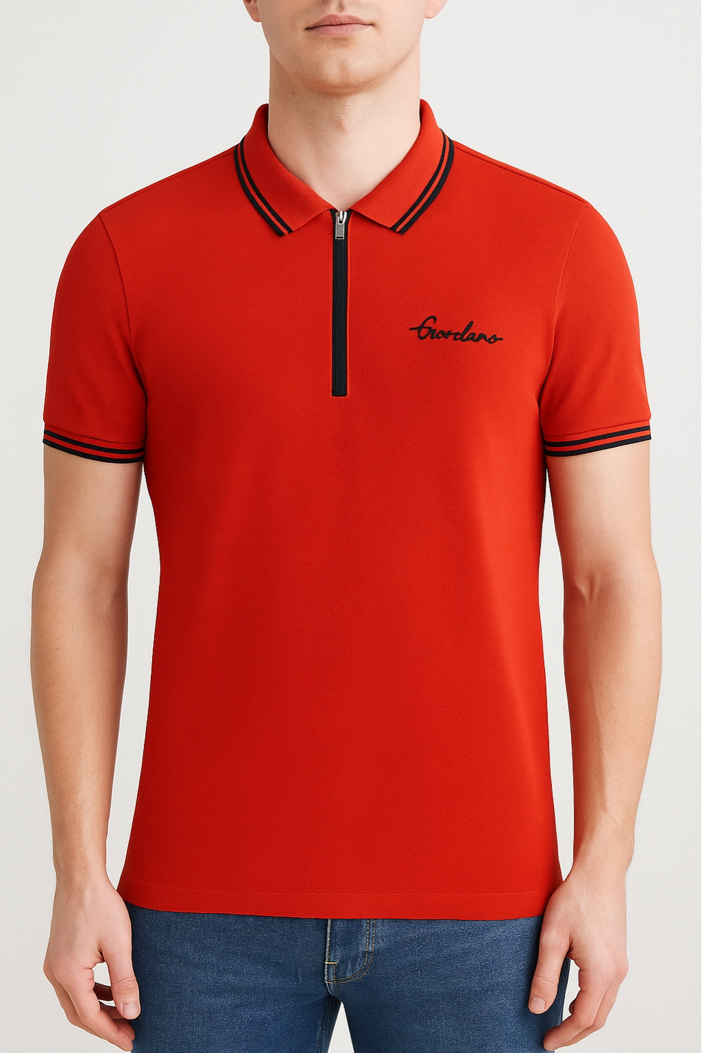 Eliteez Premium Zip Polo Shirt in Red, front view on model