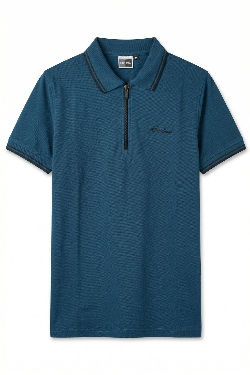 Close-up of zip collar on Eliteez Premium Zip Polo Teal Blue