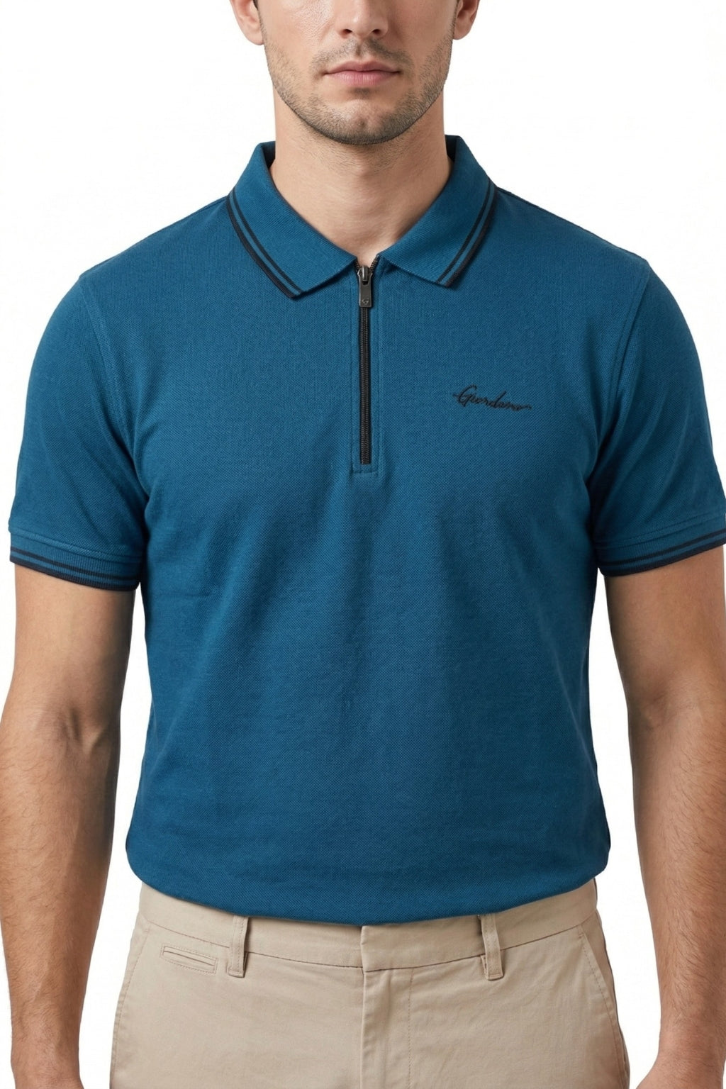 Eliteez Premium Zip Polo Shirt in Teal Blue, front view on model
