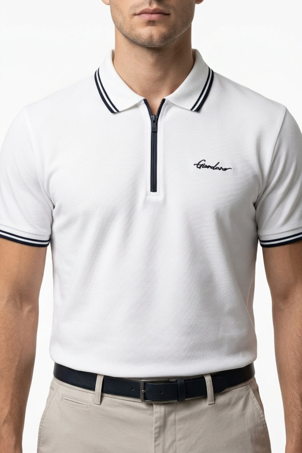 Eliteez Premium Zip Polo Shirt in White, front view on model