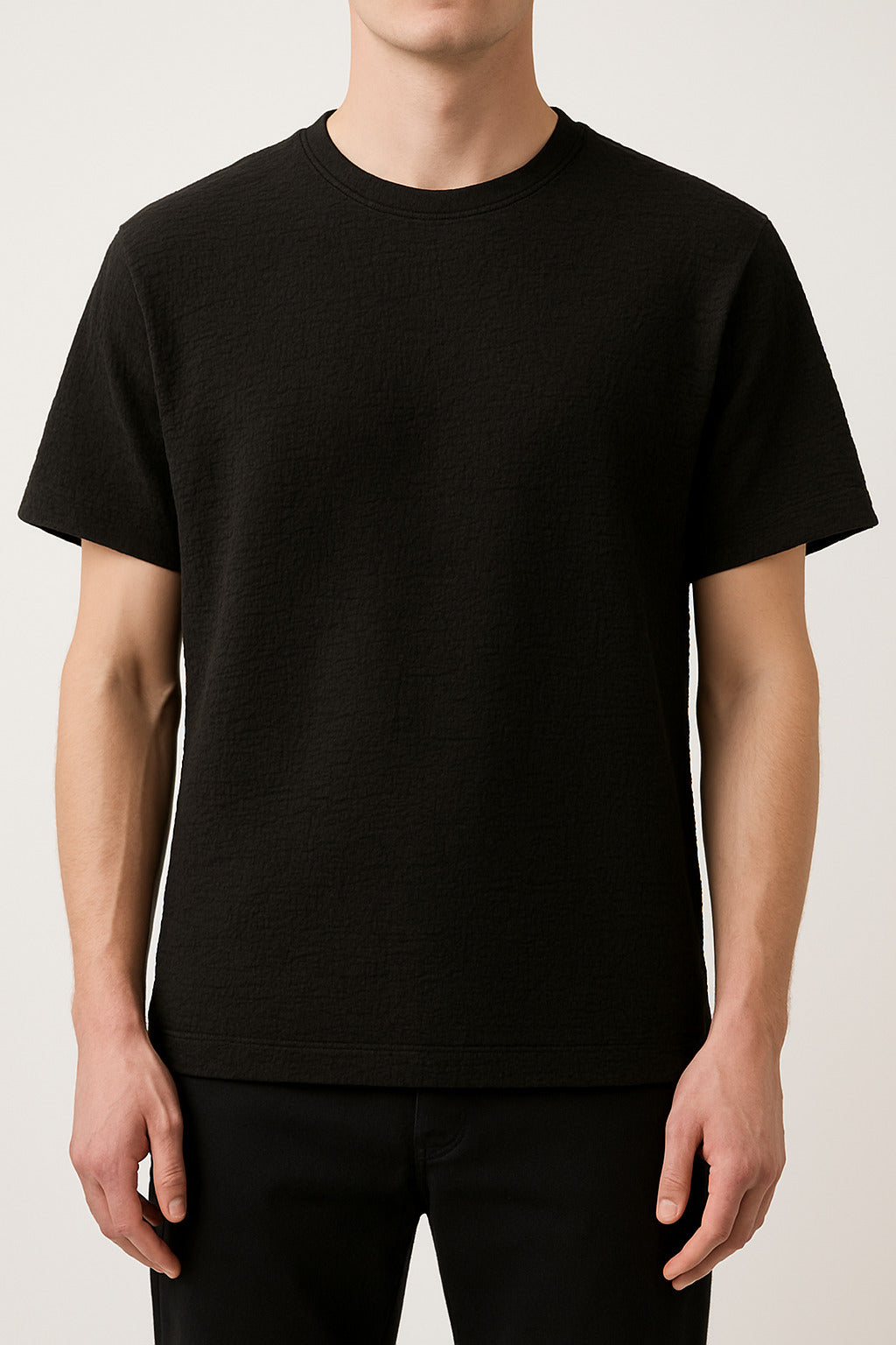 Eliteez ShadowWeave Textured T-Shirt in Jet Black, front view on model