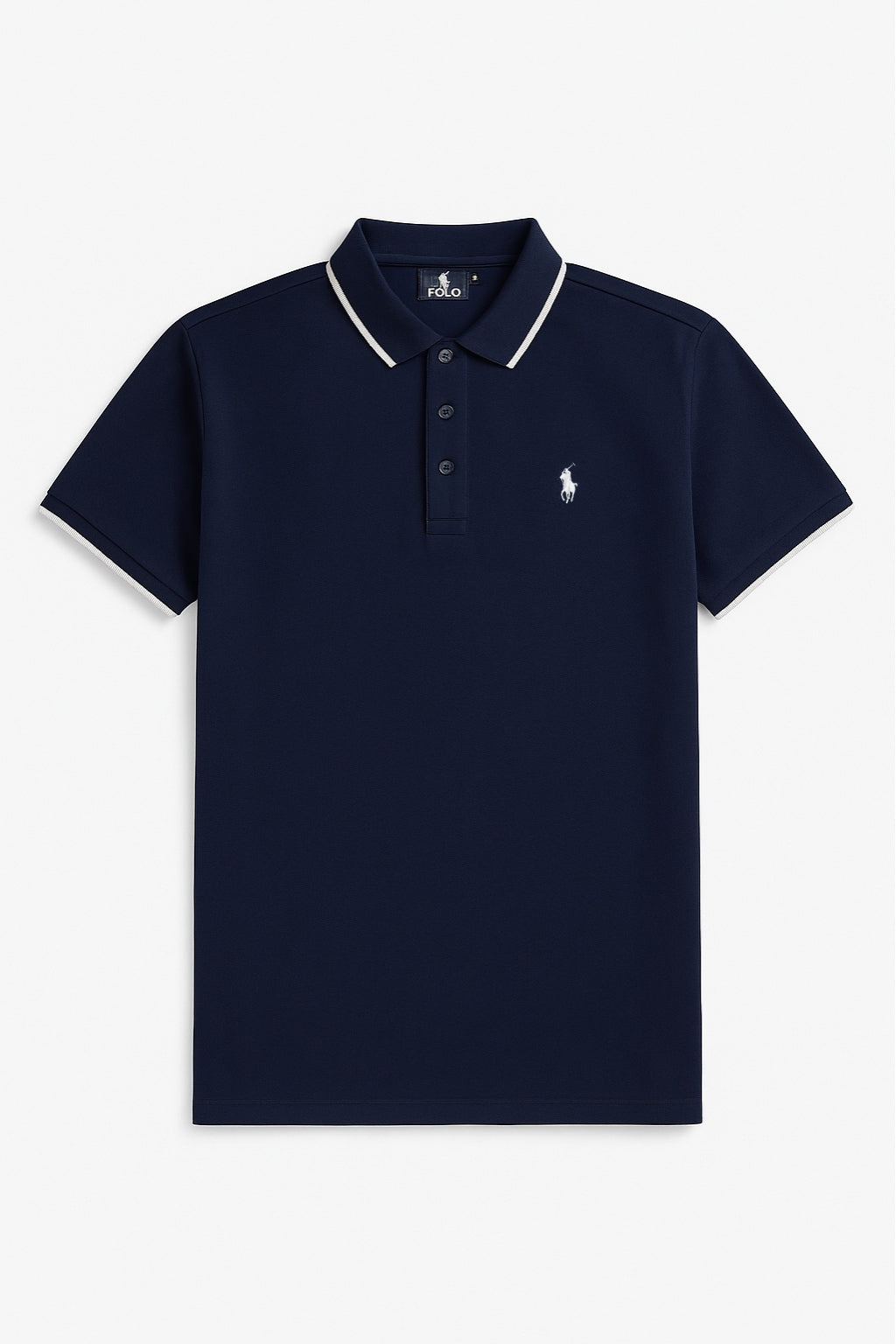 Close-up of rider embroidery on Eliteez Polo Rider Shirt Navy Blue