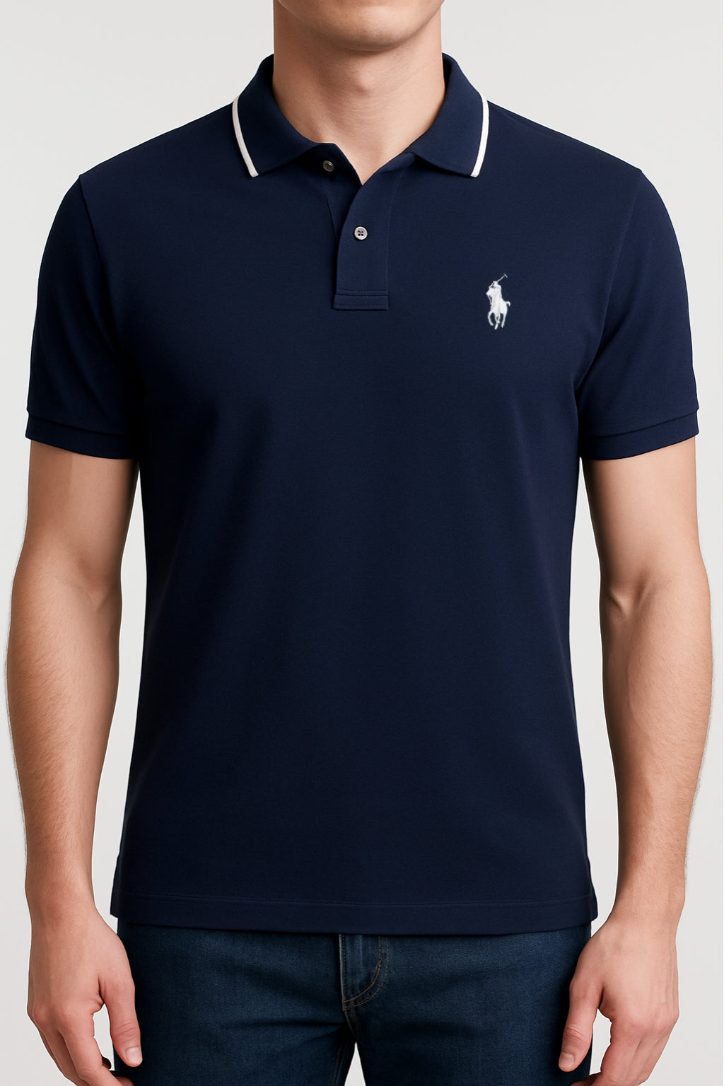 Eliteez Signature Polo Rider Shirt in Navy Blue, front view on model