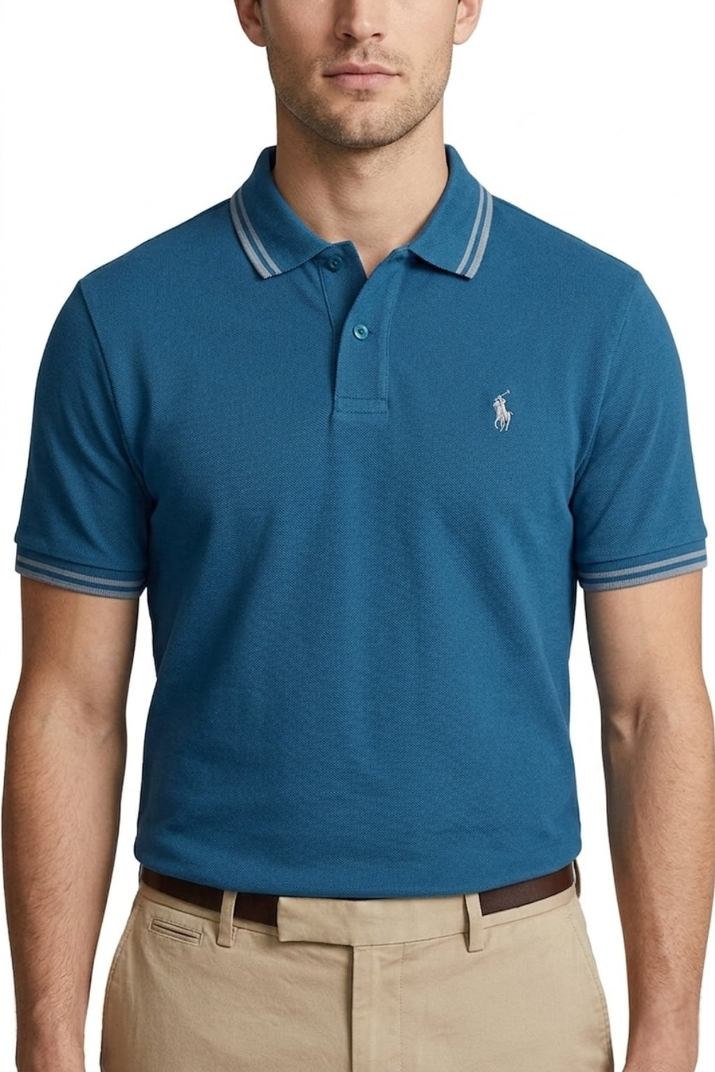 Eliteez Signature Polo Rider Shirt in Teal Blue, front view on model