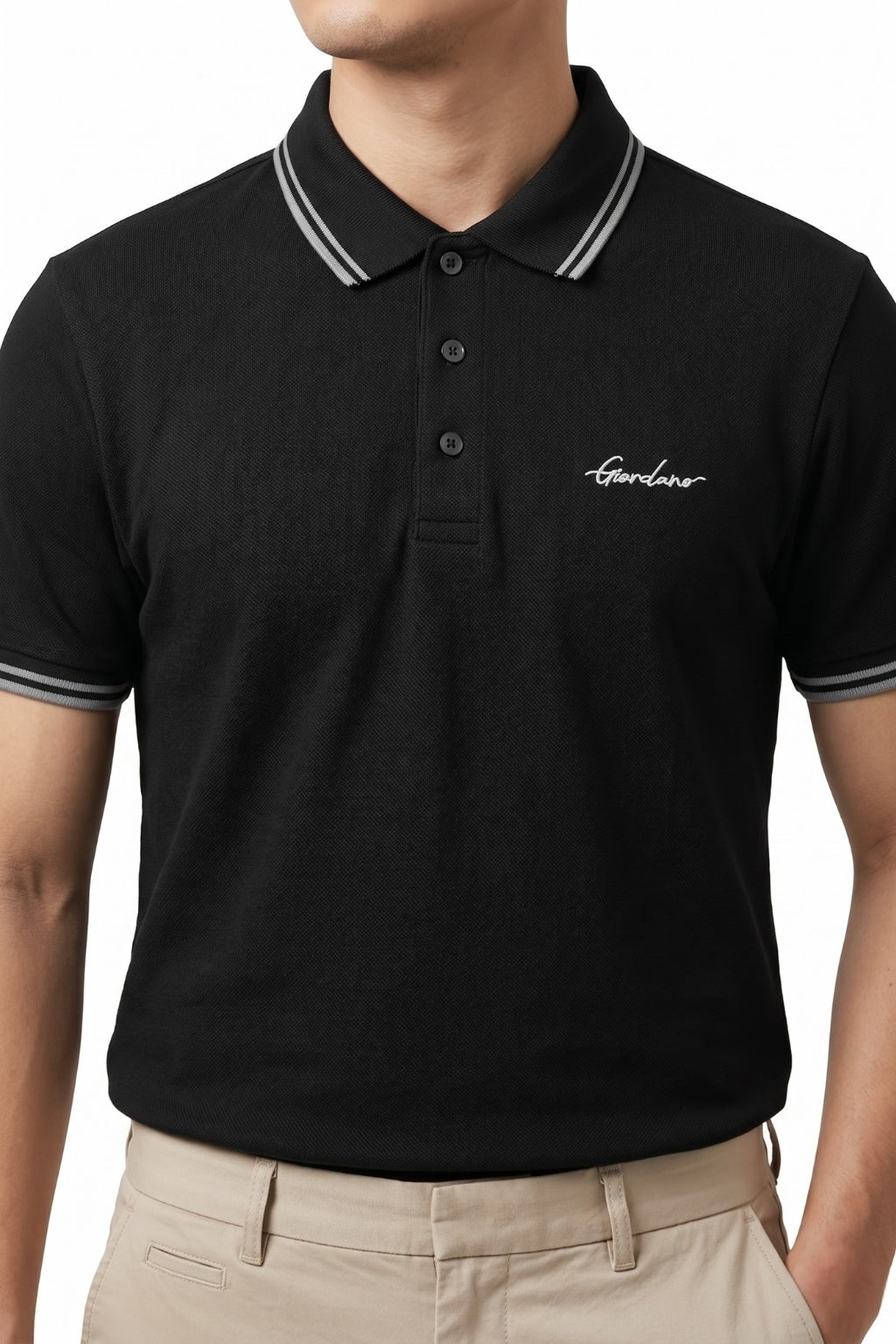 Male model wearing the Eliteez Signature Twin-Tip Polo - Black for a smart-casual look.