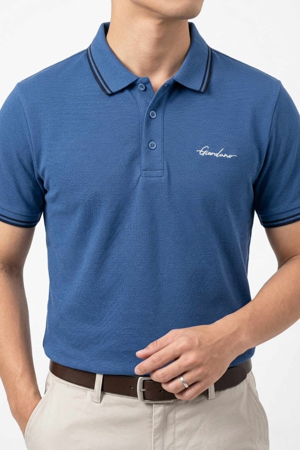 Male model wearing the Eliteez Signature Twin-Tip Polo - Blue for a smart-casual look.