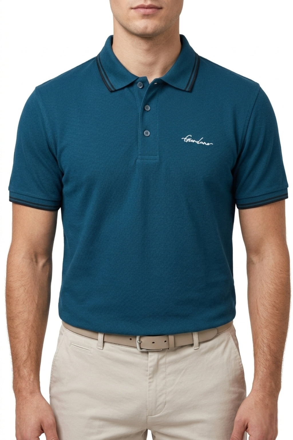 Male model wearing the Eliteez Signature Twin-Tip Polo - Dark Teal for a smart-casual look.