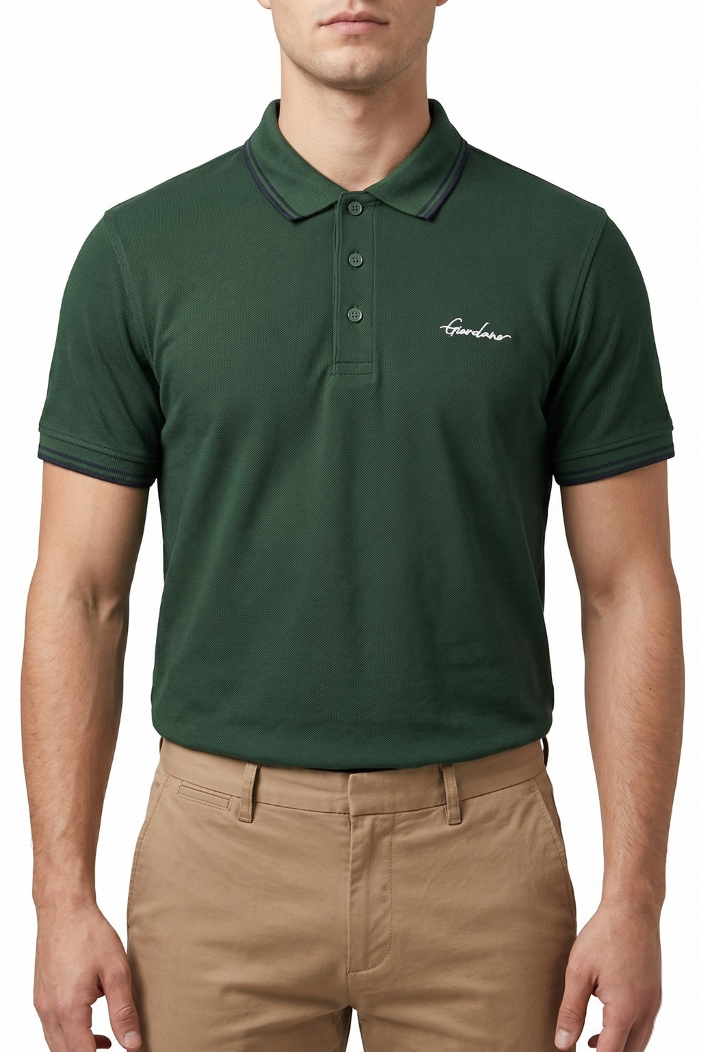 Male model wearing the Eliteez Signature Twin-Tip Polo - Forest Green for a smart-casual look.