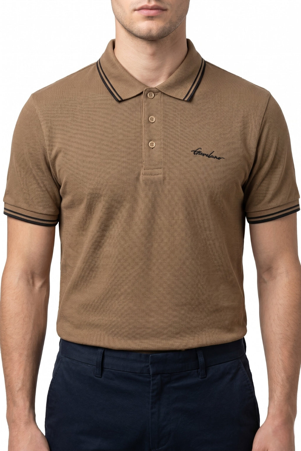 Male model wearing the Eliteez Signature Twin-Tip Polo - Mocha for a smart-casual look.