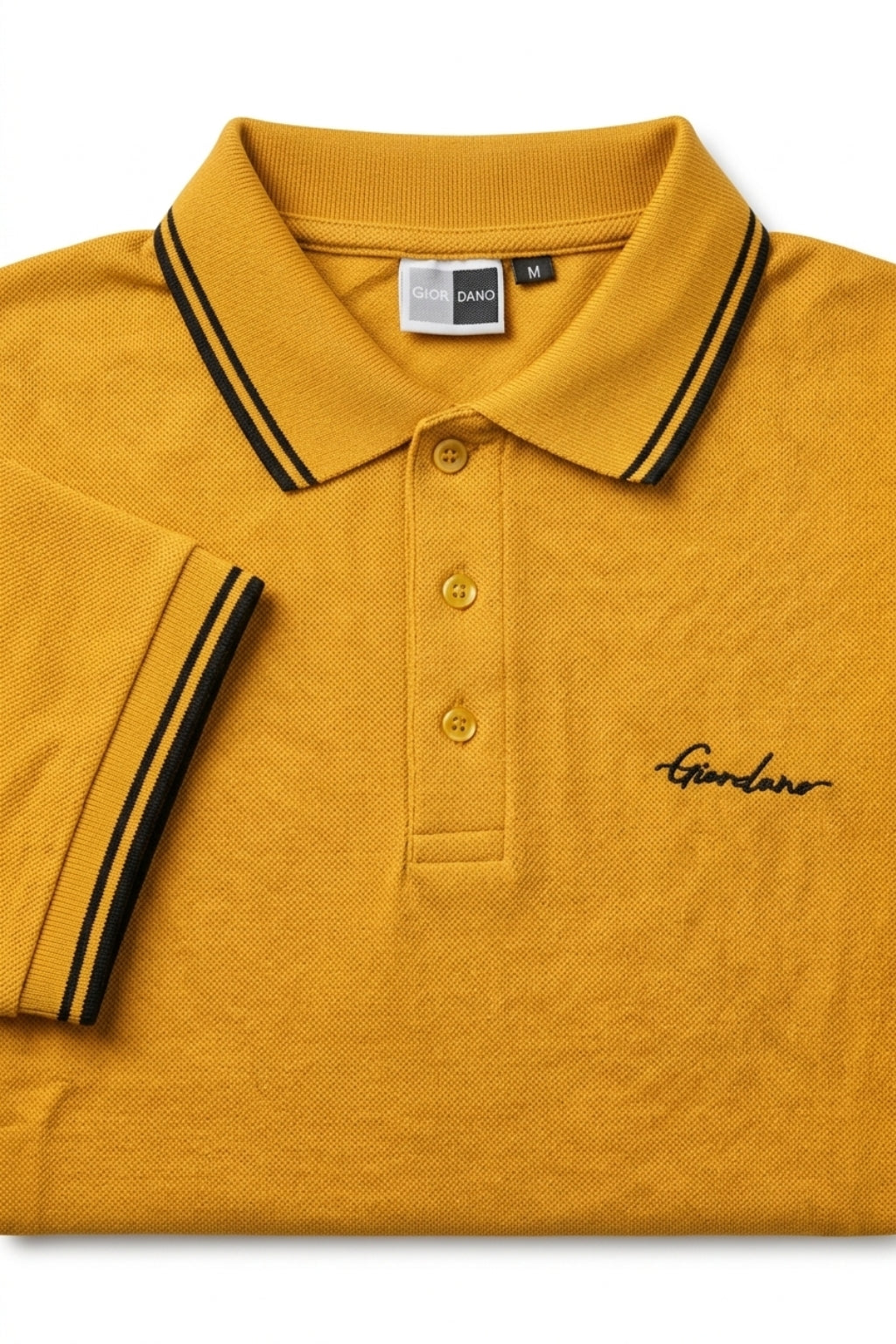 Close-up detail of Eliteez Signature Twin-Tip Polo - Mustard premium pique and embroidered logo.
