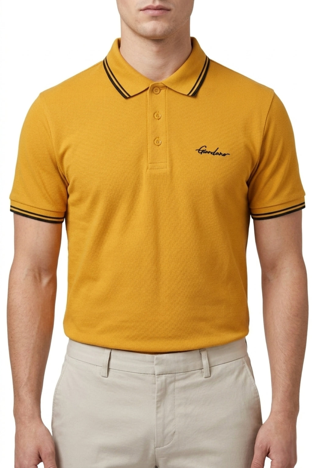 Male model wearing the Eliteez Signature Twin-Tip Polo - Mustard for a smart-casual look.