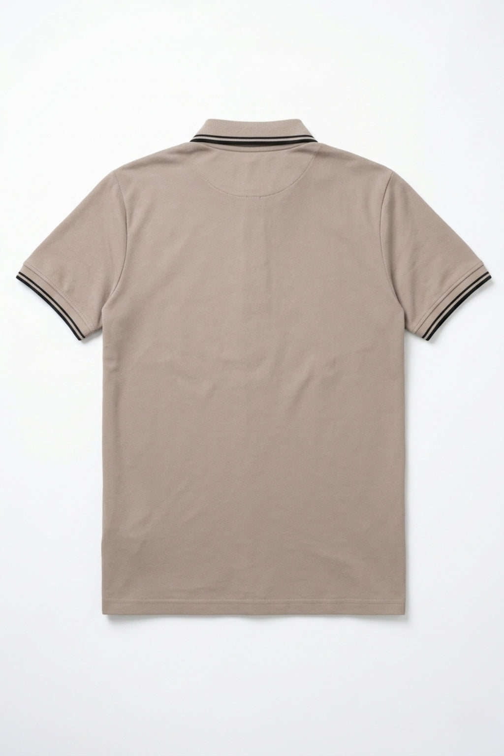 Back view of the Eliteez Signature Twin-Tip Polo - Taupe showing the regular fit silhouette.