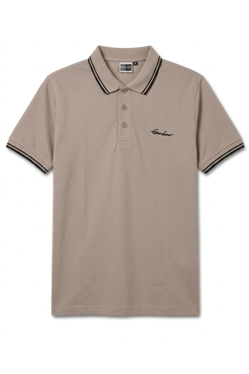 Front view of the Eliteez Signature Twin-Tip Polo - Taupe featuring a classic collar.
