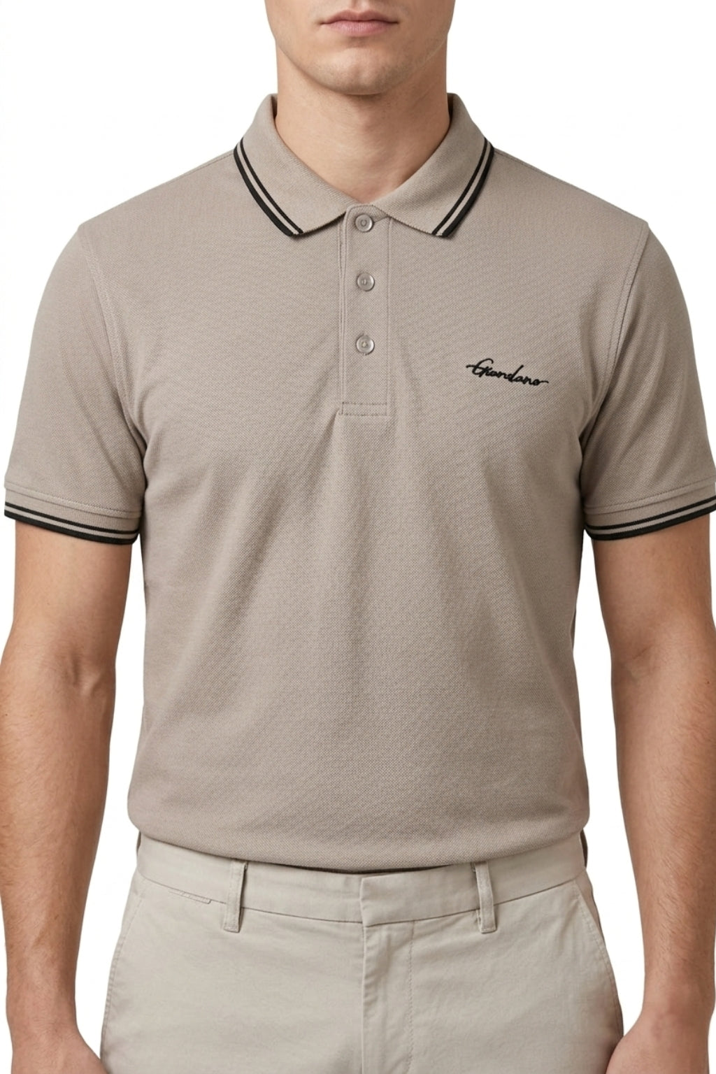 Male model wearing the Eliteez Signature Twin-Tip Polo - Taupe for a smart-casual look.