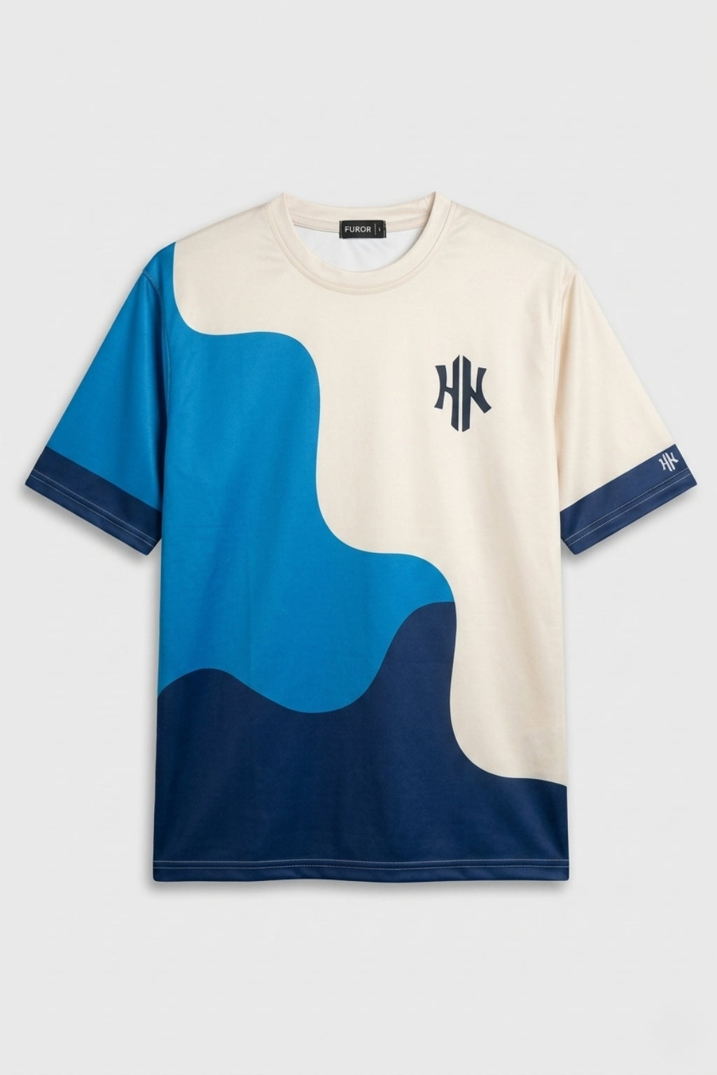 Full front flat lay of Eliteez Strata Wave oversized t-shirt in Cobalt and Cream.