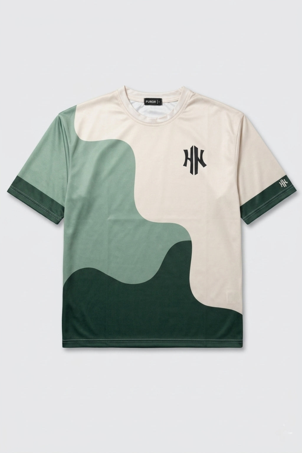 Full front flat lay of Eliteez Strata Wave oversized t-shirt in Muted Green and Cream.