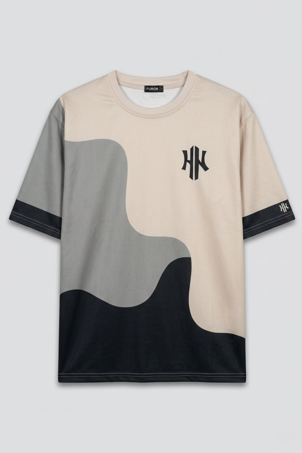 Full front flat lay of Eliteez Strata Wave oversized t-shirt in Sand & Slate.