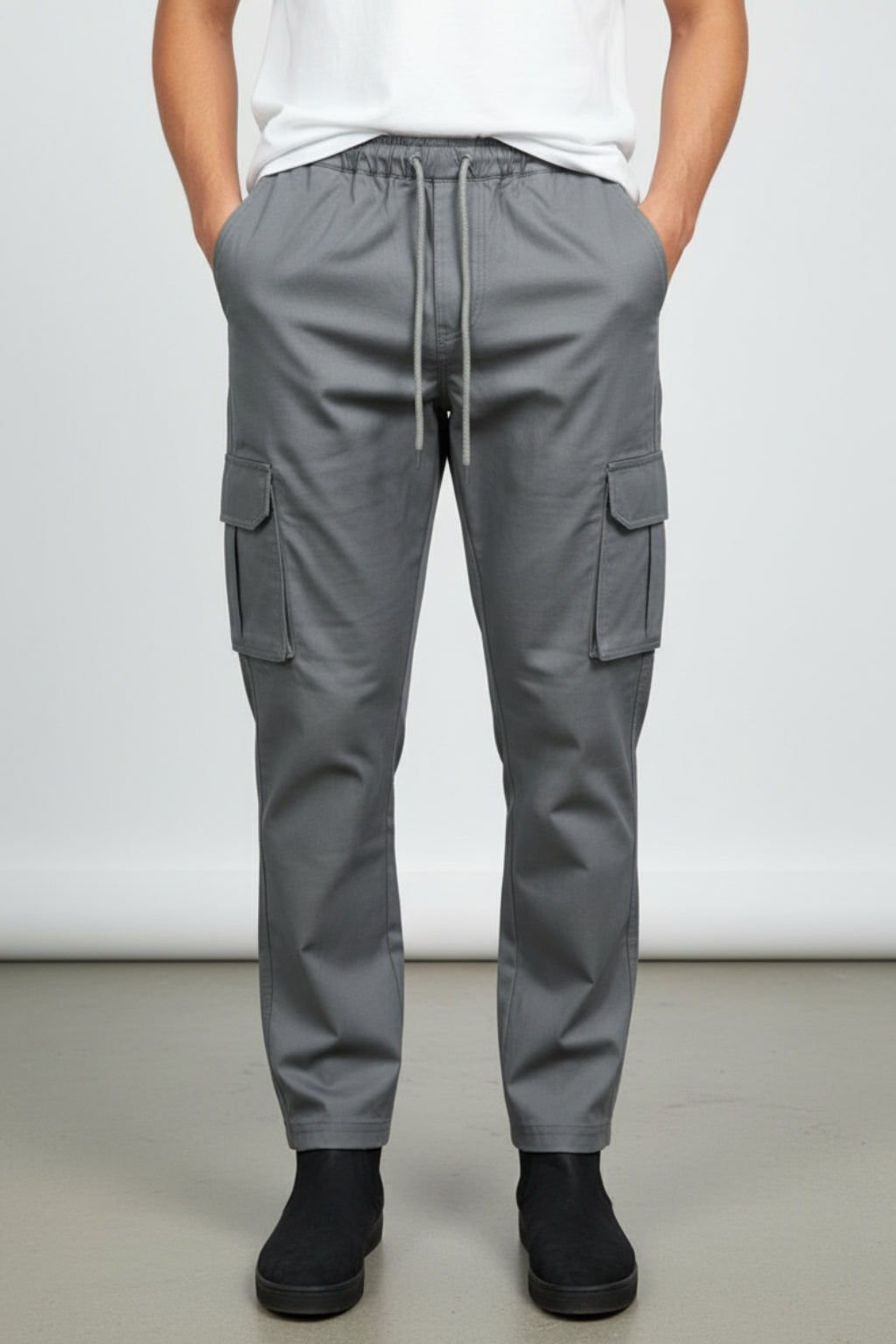 Eliteez Stretch Cargo Pant in Olive Grey, front view on model
