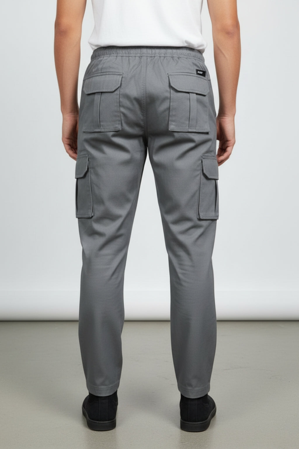 Eliteez Stretch Cargo Pant in Olive Grey, side view on model