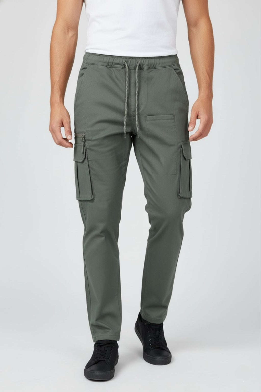 Eliteez Utility Cargo Pant in Smoky Grey, front view on model