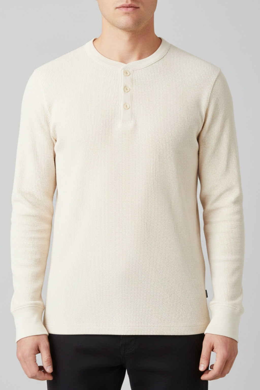 Eliteez Waffle Thermal Henley in Cream, front view on model