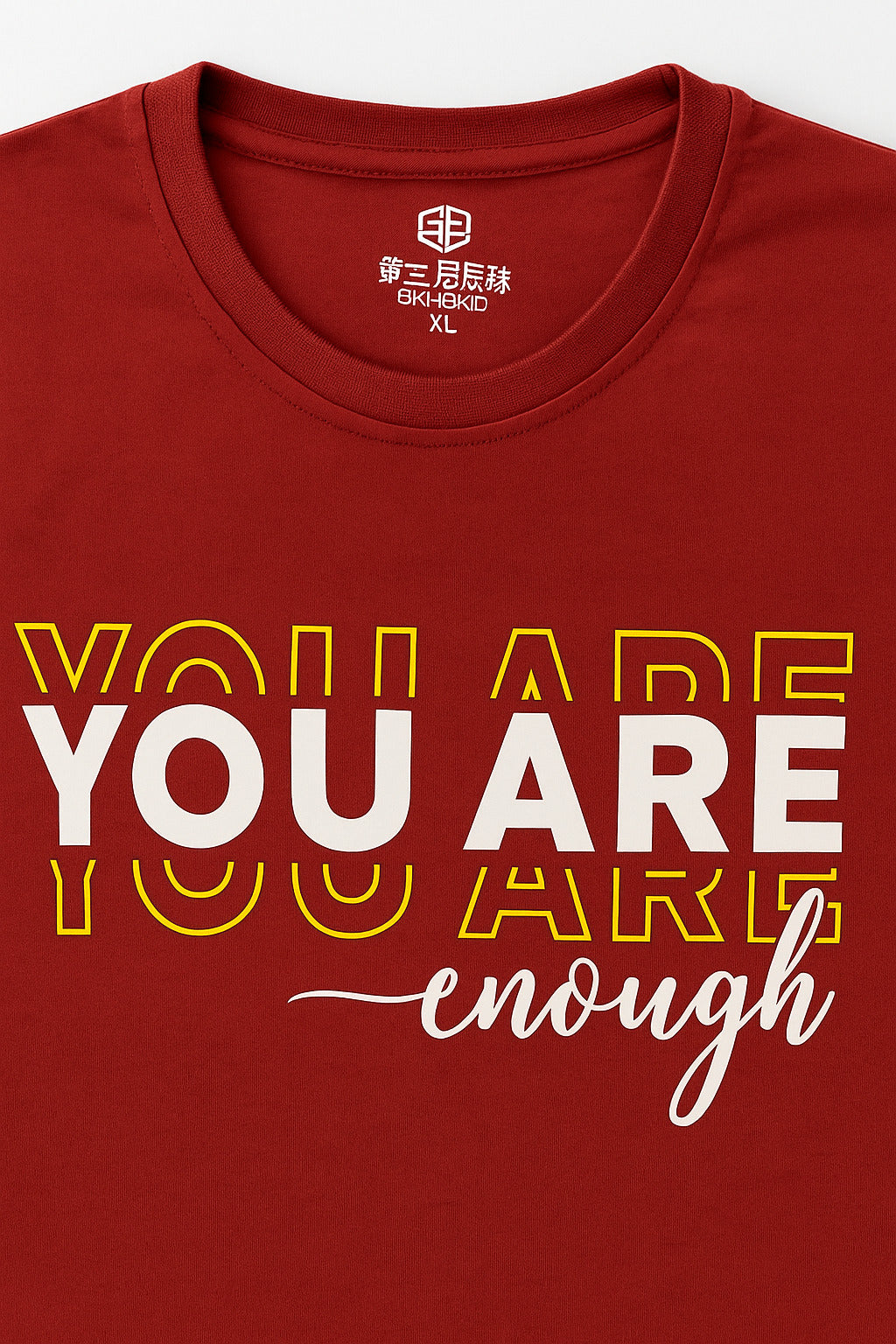 Eliteez "You Are Enough" Affirmation Tee in Bold Red, back view on model