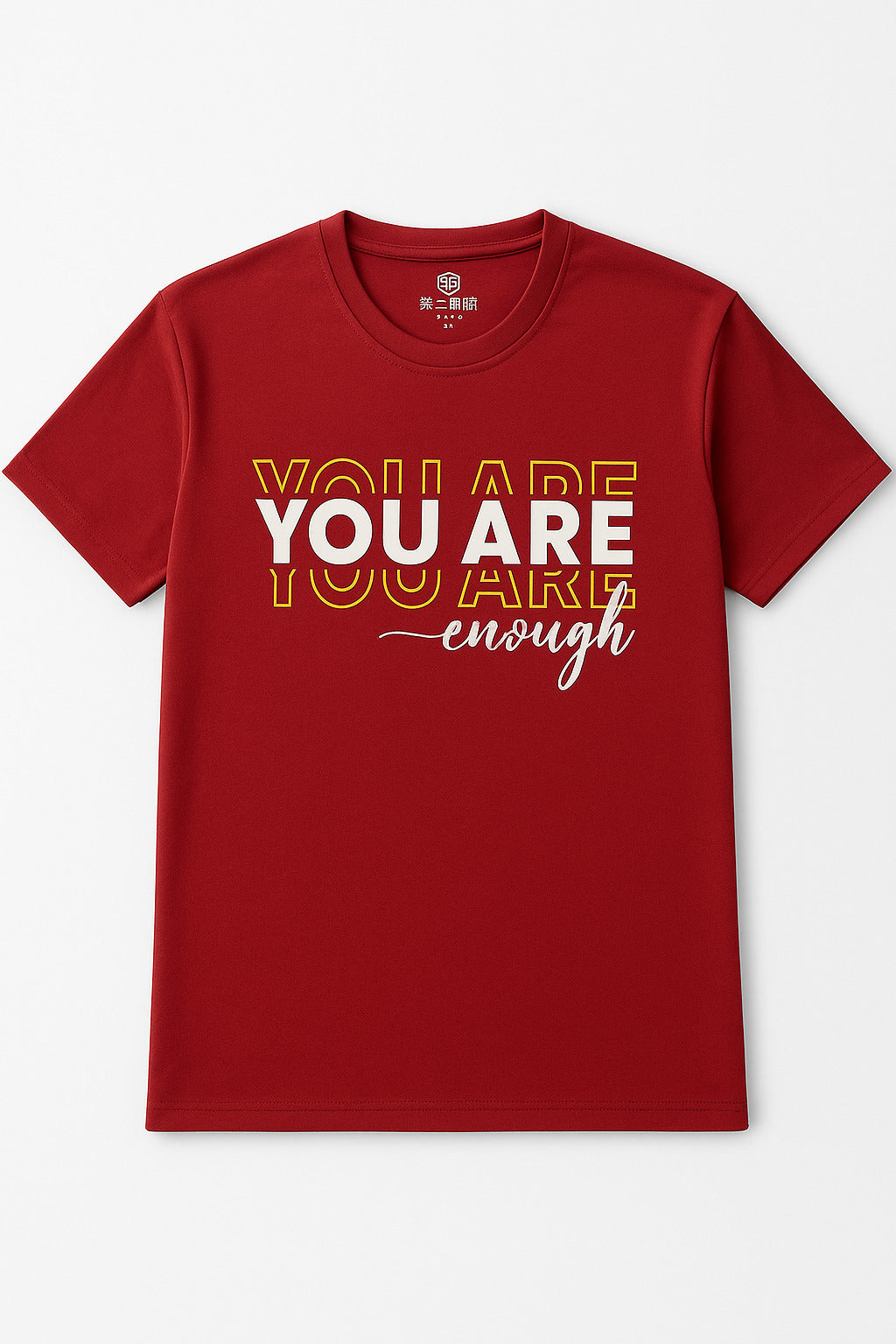 Close-up of affirmation print on Eliteez Tee Bold Red