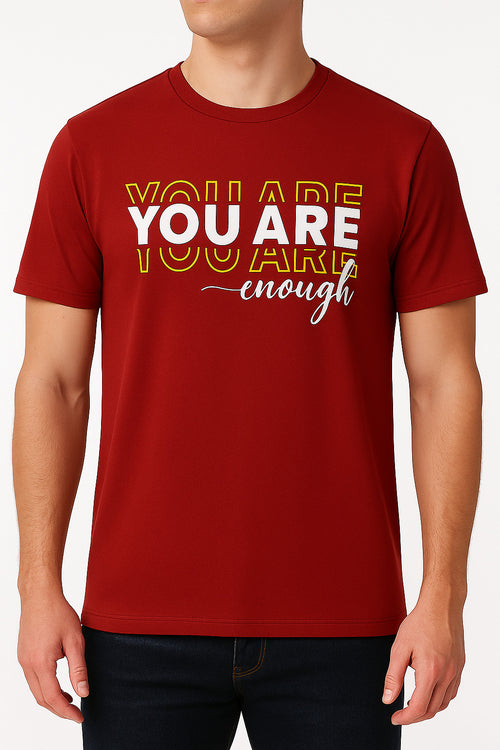Eliteez "You Are Enough" Affirmation Tee in Bold Red, front view on model