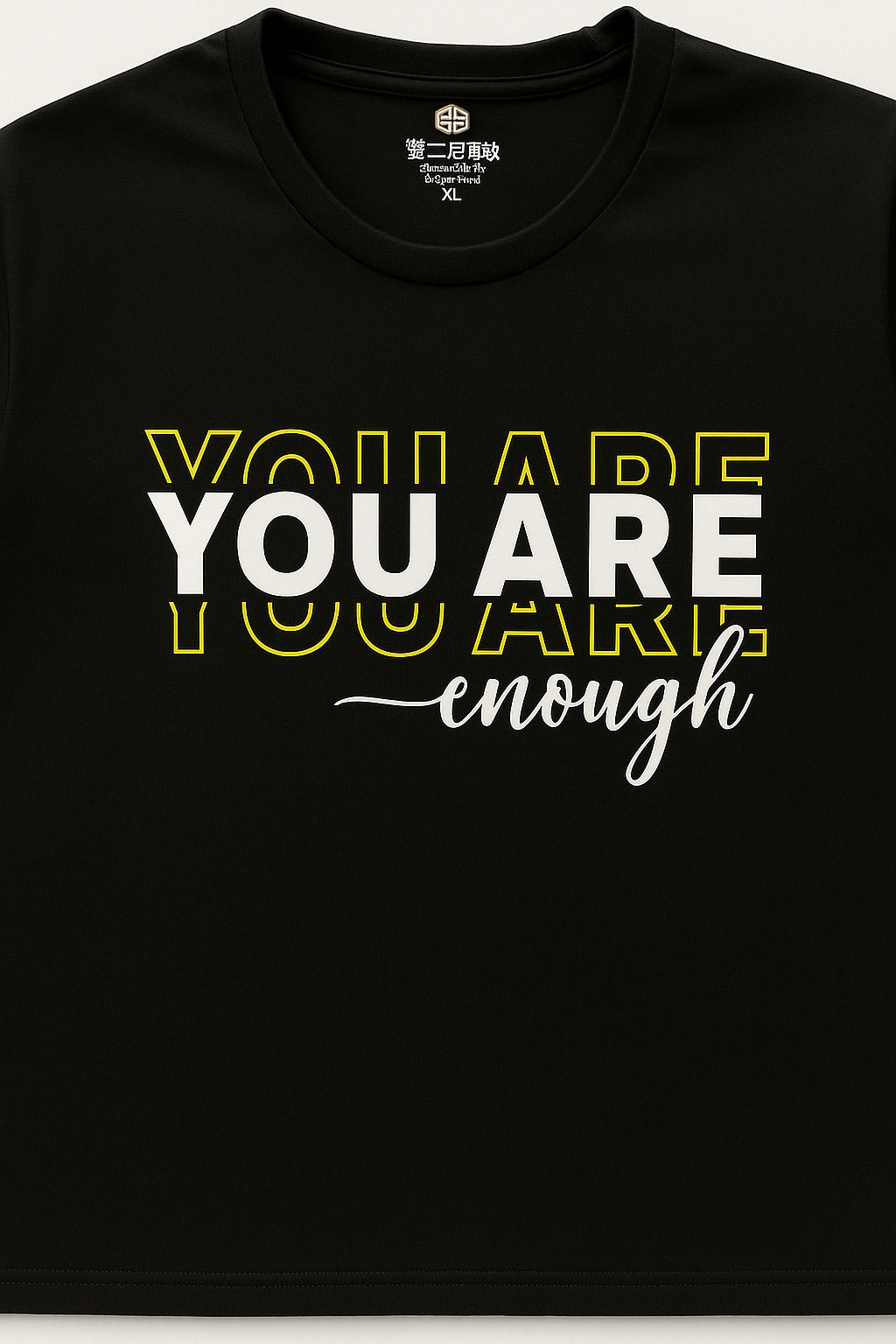 Eliteez "You Are Enough" Affirmation Tee in Classic Black, back view on model