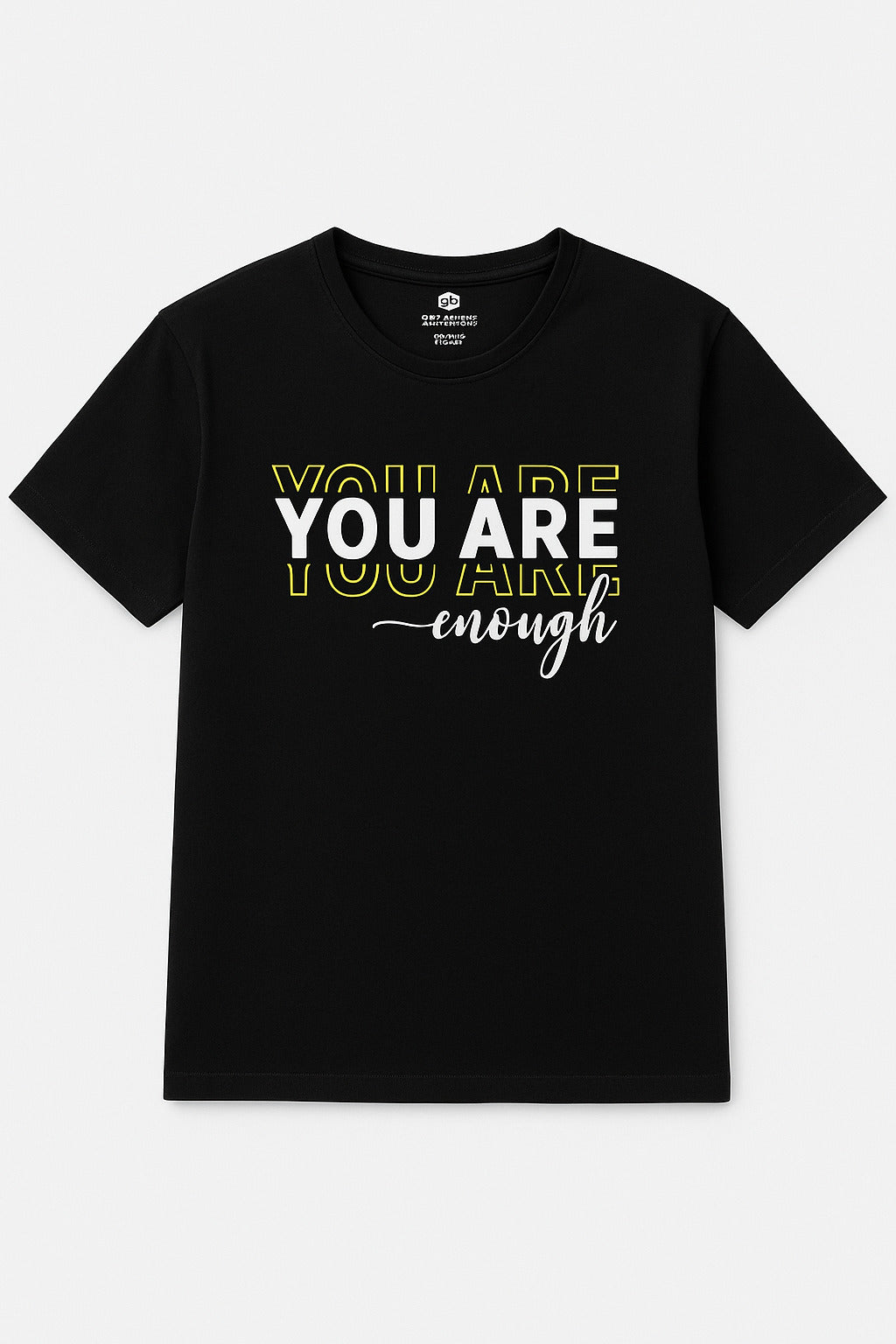 Close-up of affirmation print on Eliteez Tee Classic Black