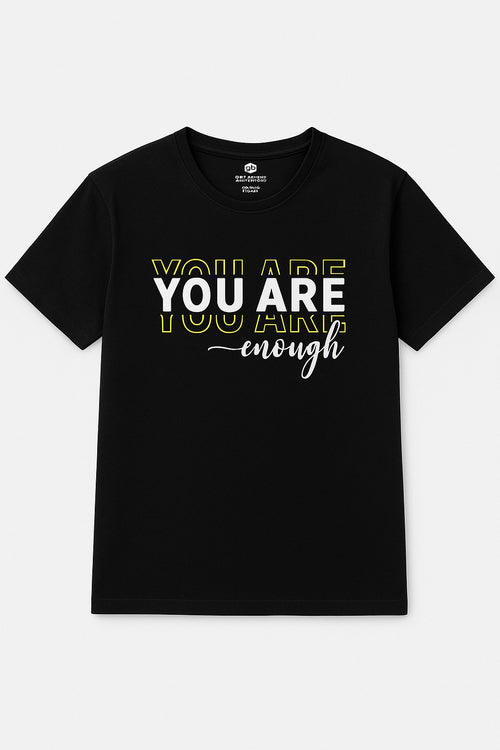 Close-up of affirmation print on Eliteez Tee Classic Black