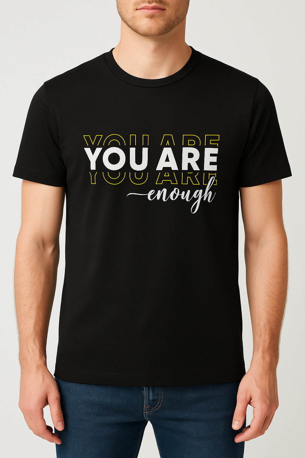 Eliteez "You Are Enough" Affirmation Tee in Classic Black, front view on model
