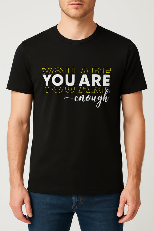 Eliteez "You Are Enough" Affirmation Tee in Classic Black, front view on model