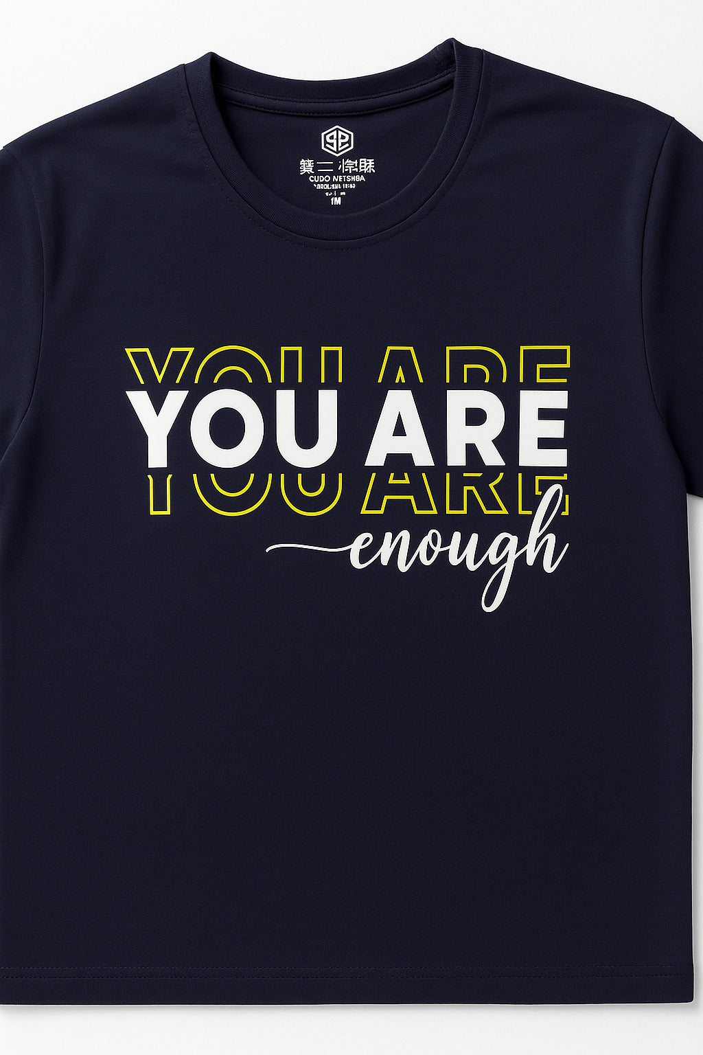 Eliteez "You Are Enough" Affirmation T-Shirt in Deep Navy, back view on model