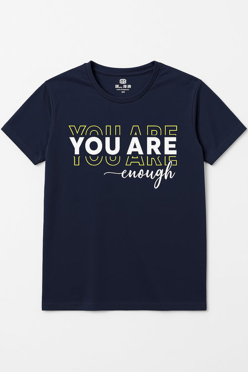 Close-up of affirmation print on Eliteez T-Shirt Deep Navy