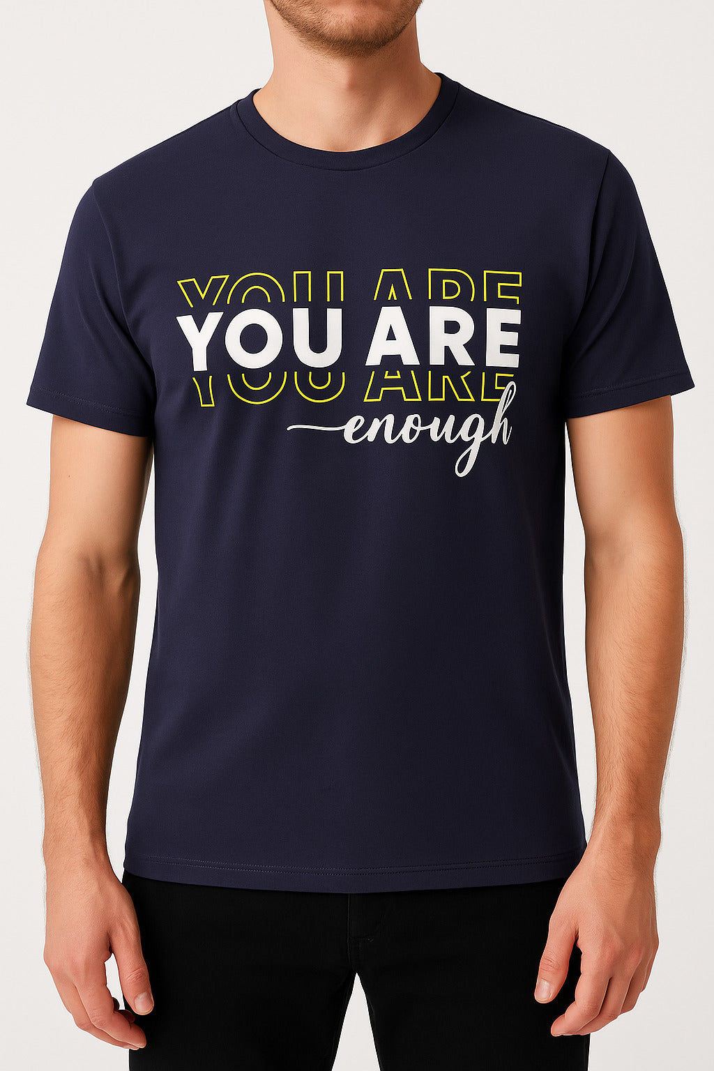 Eliteez "You Are Enough" Affirmation T-Shirt in Deep Navy, front view on model