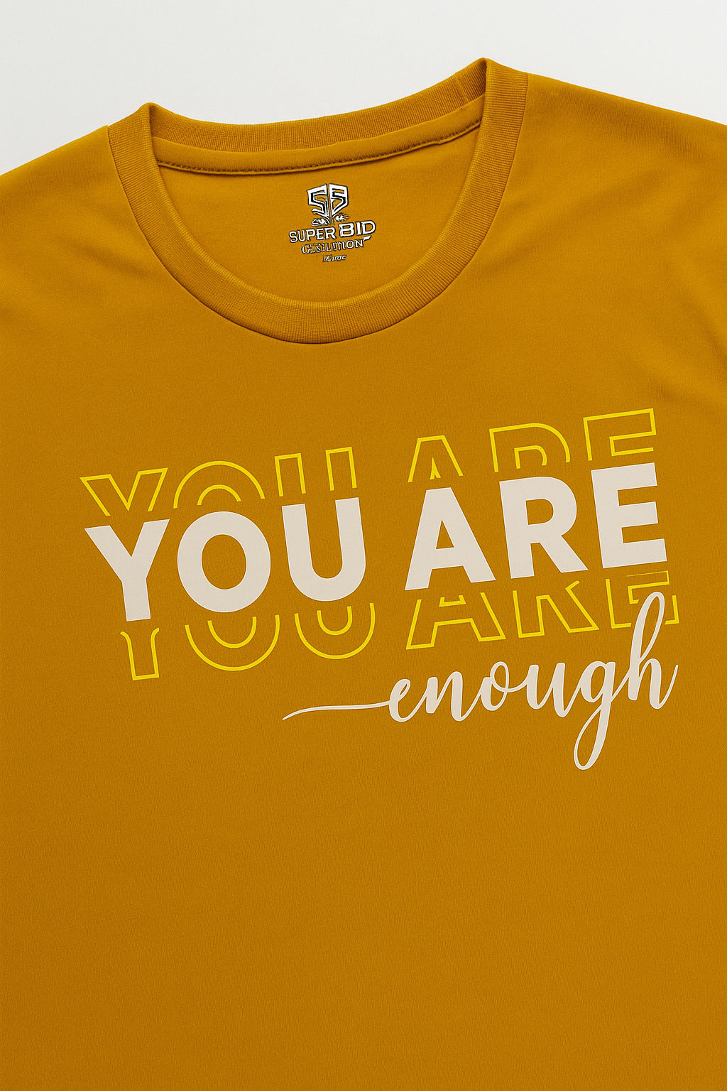 Eliteez "You Are Enough" Affirmation T-Shirt in Mustard Gold, back view on model