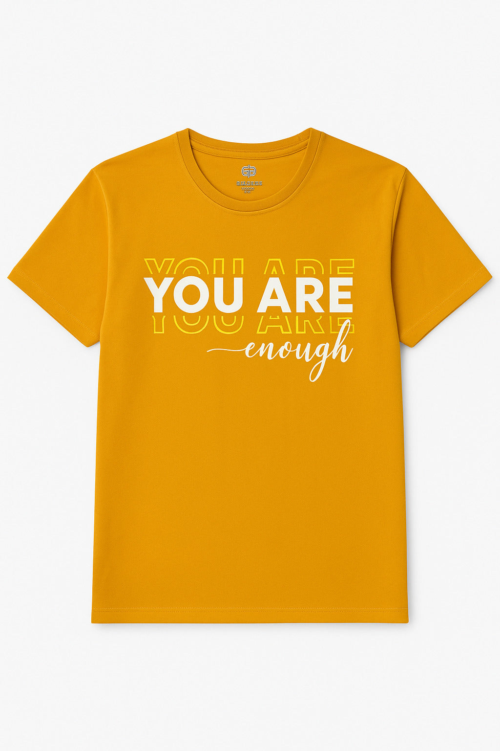 Close-up of affirmation print on Eliteez T-Shirt Mustard Gold