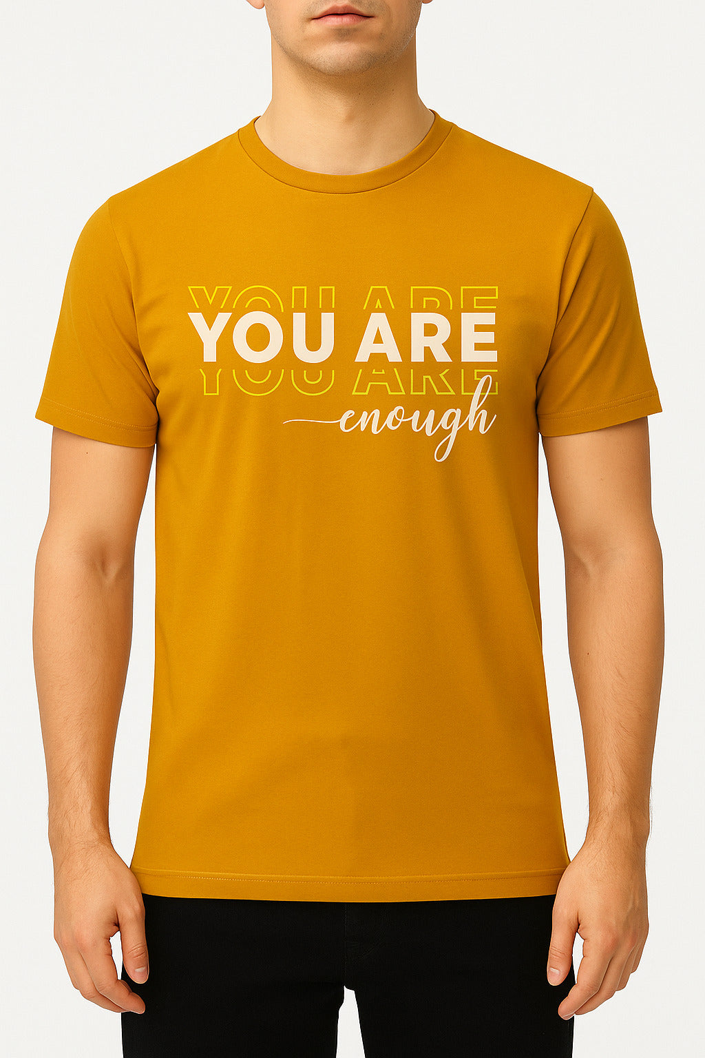 Eliteez "You Are Enough" Affirmation T-Shirt in Mustard Gold, front view on model
