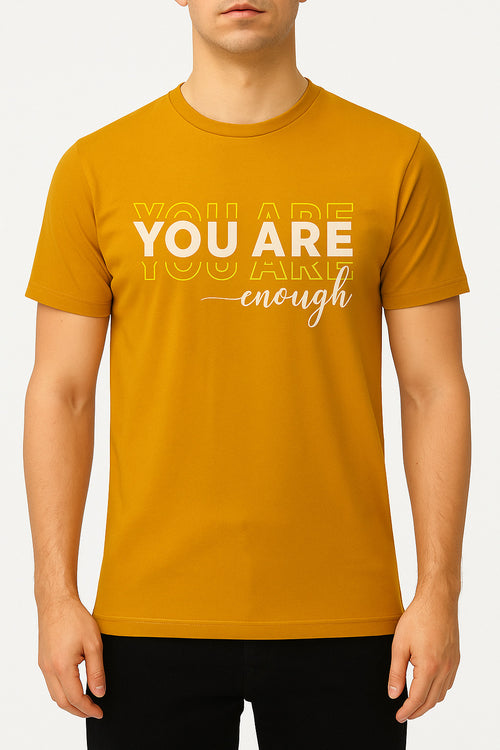 Eliteez "You Are Enough" Affirmation T-Shirt in Mustard Gold, front view on model