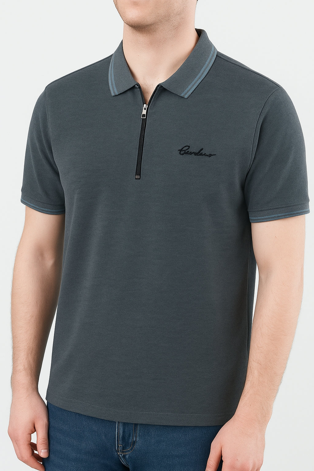 Premium Zip Polo Shirt – Steel Grey