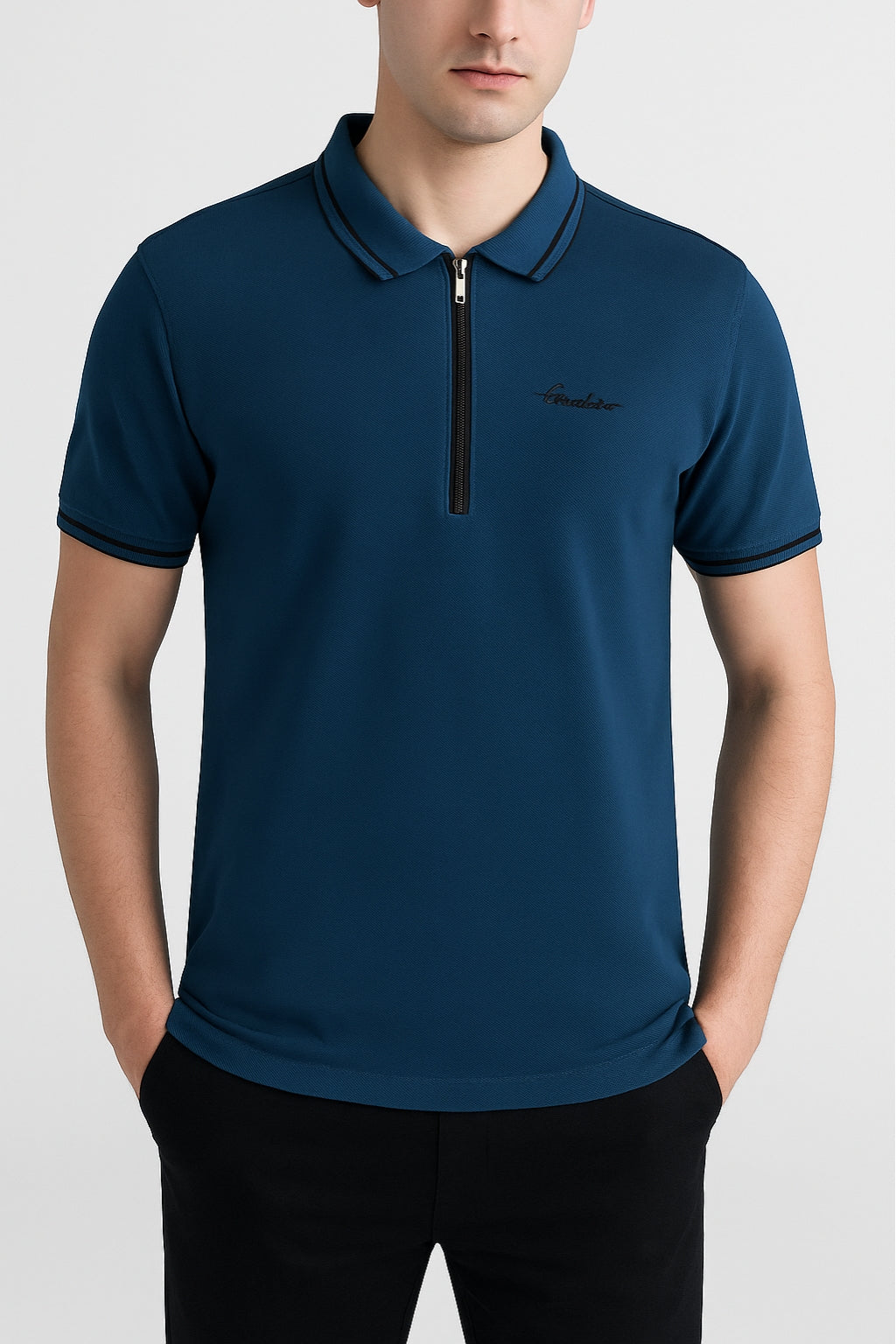 Premium Zip Polo Shirt – Navy Blue