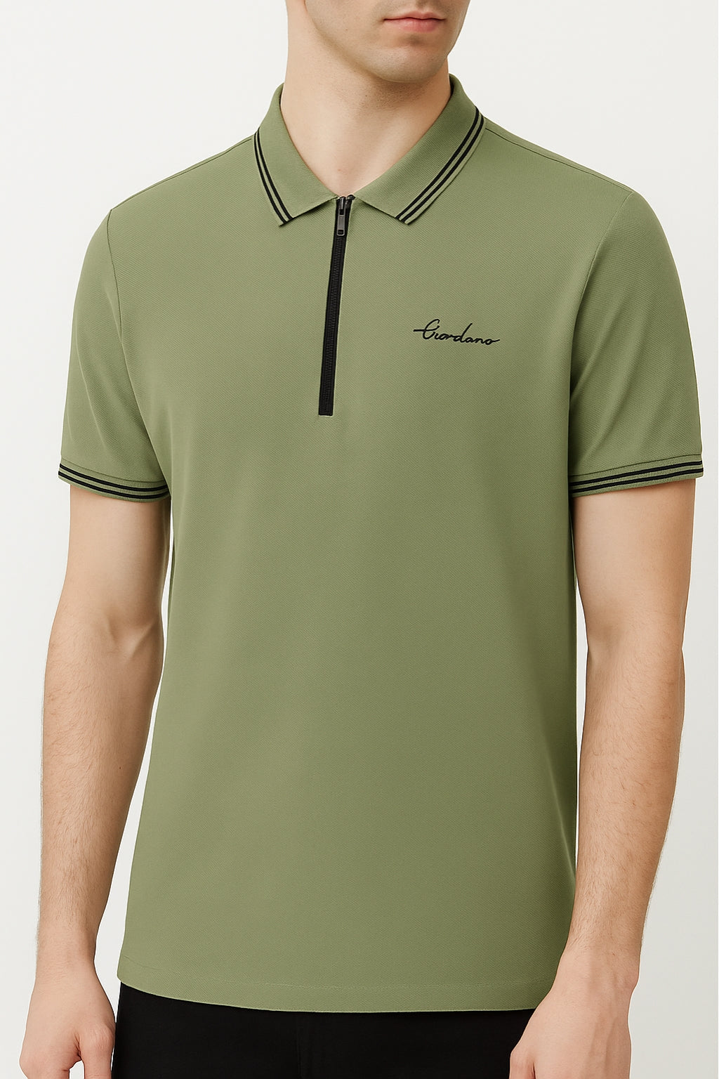 Premium Zip Polo Shirt – Olive Green